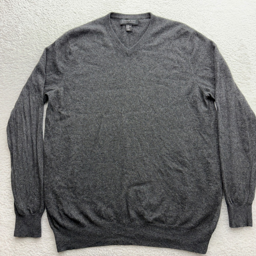 Harrison Davis Mens XXL Charcoal Gray 100% 2-Ply Cashmere‎ V-Neck Sweater Soft
